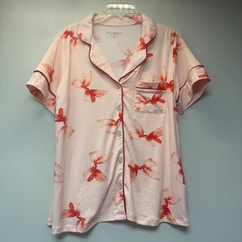 89th + Madison Pajama Set Womens Medium Pink Bow Print Short Sleeve Excellent